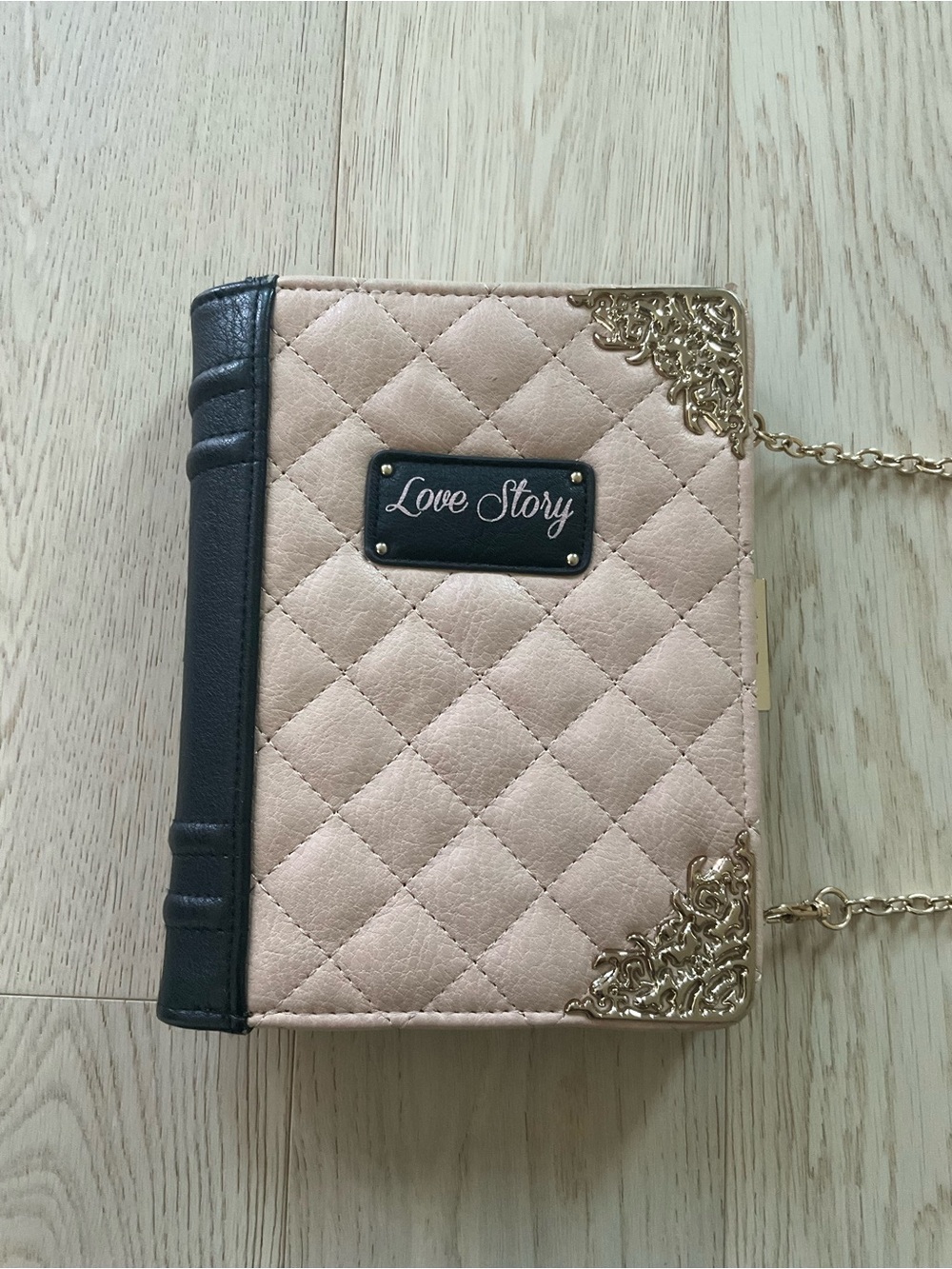 Love Story Quilted Crossbody “Book” Purse Bag - Pink with Gold Accents